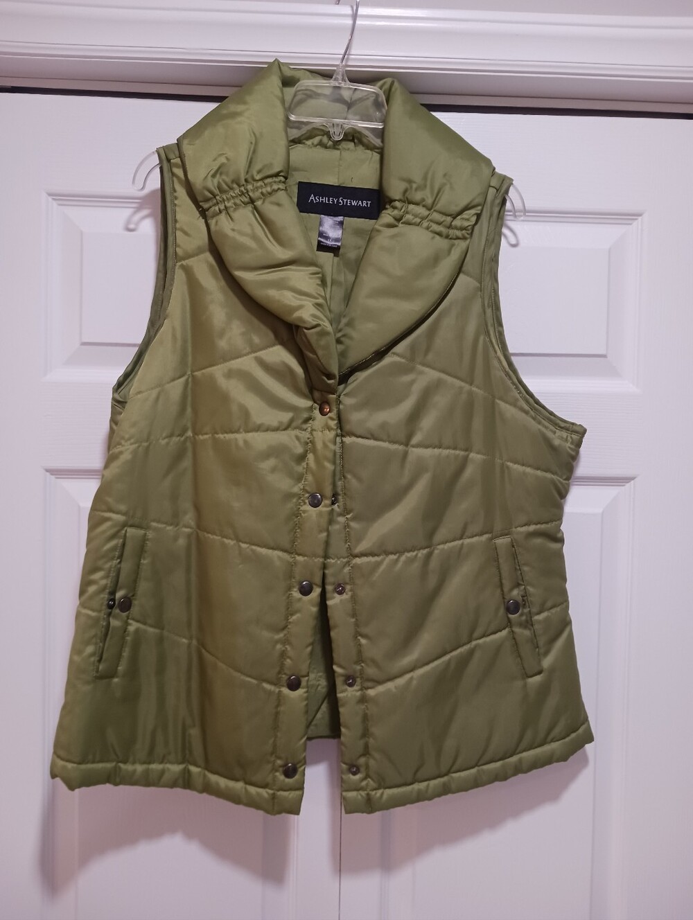 Ashley Stewart Olive Quilted Puffer Vest with Snap Front